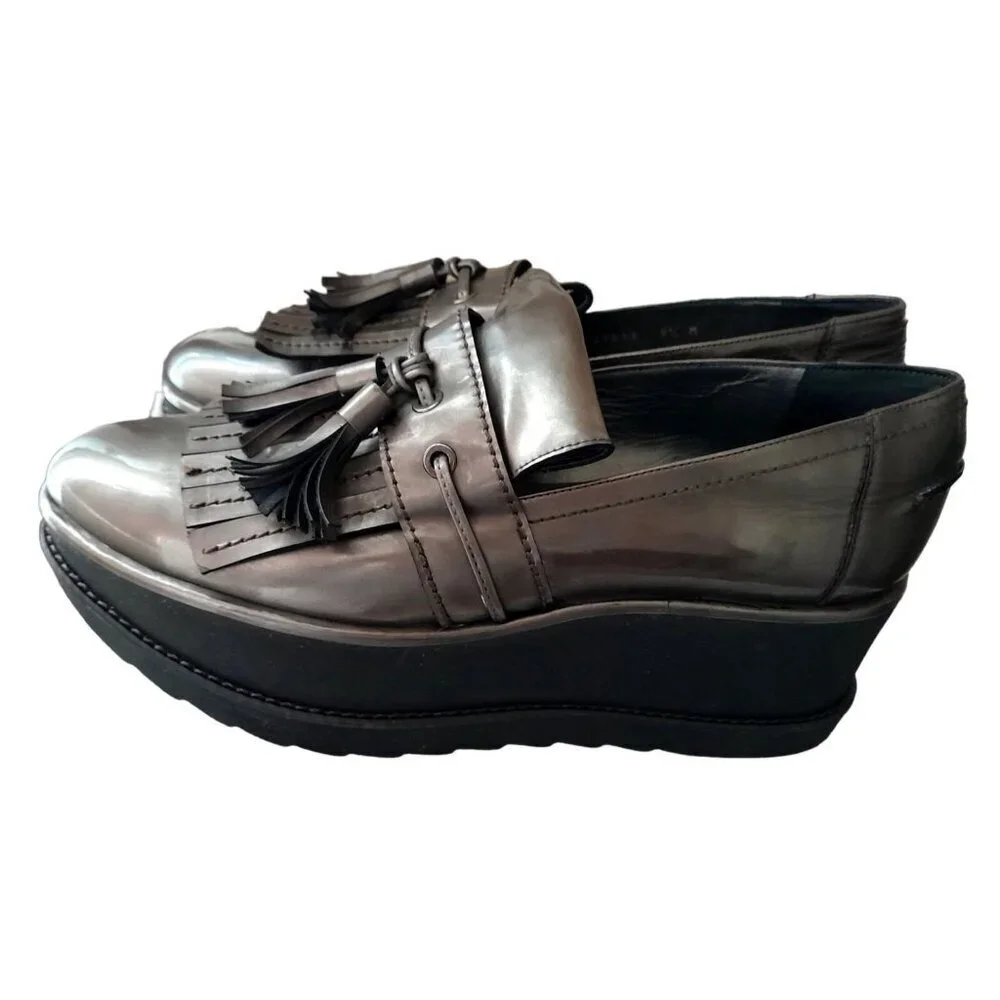 Stuart Weitzman Platform Shoes Preppy Chunky Metallic Gold Loafer Size 9.5M